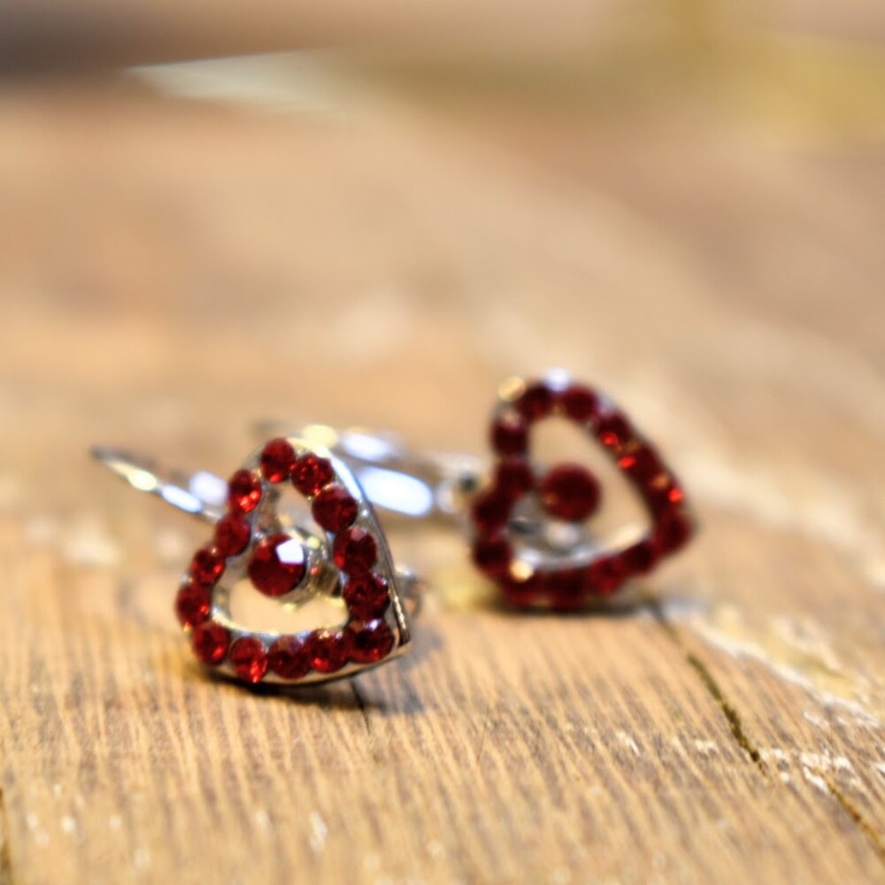 Vintage Cookie Lee Red Rhinestone Silver Plated Heart Earrings